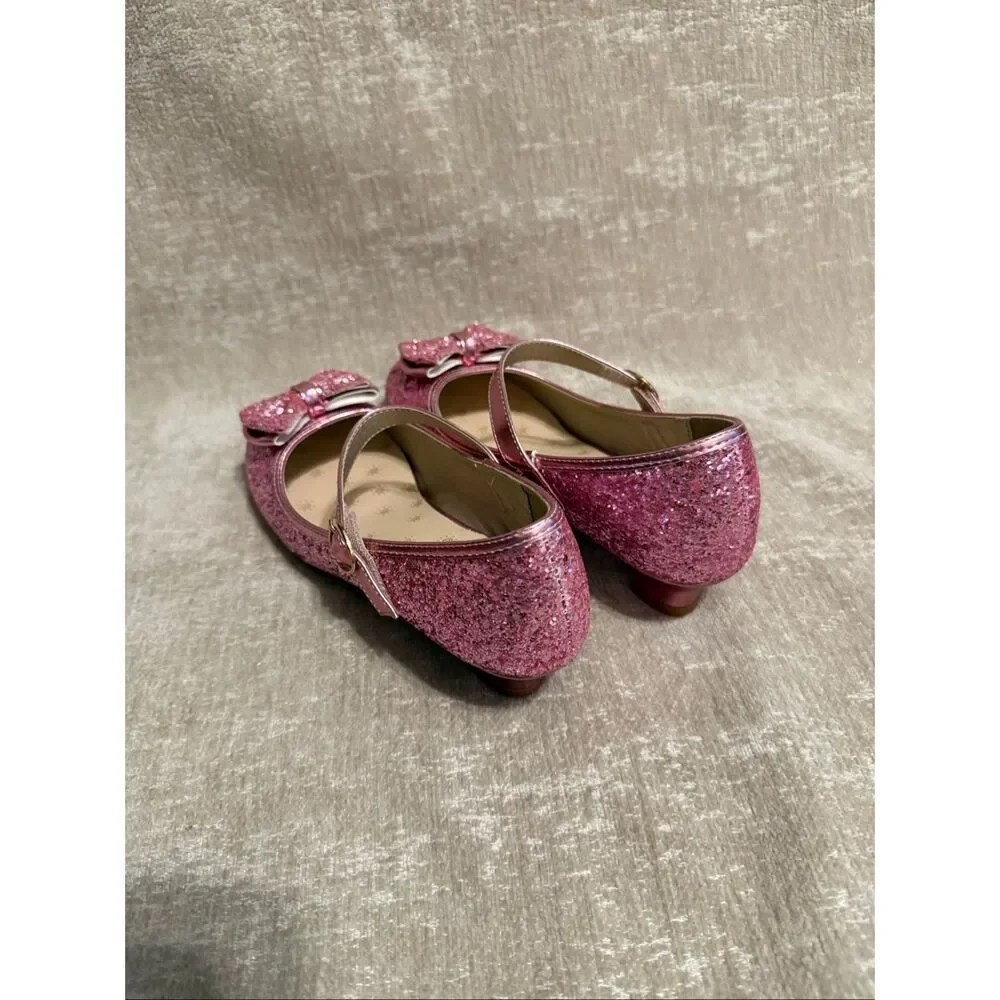 Pandaninja Girls Ruby Glittery Bow Block Heels Mary Jane Dress Shoes Pink Size 5